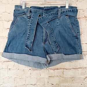 Express shortie super high rise paper bag denim shorts
